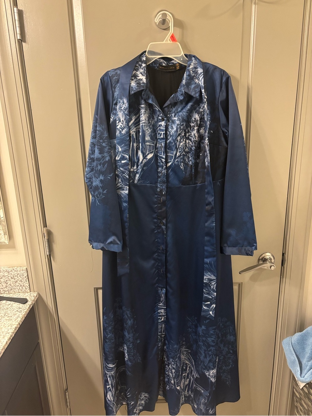 Women's Navy Satin Long maxi dress with Belt